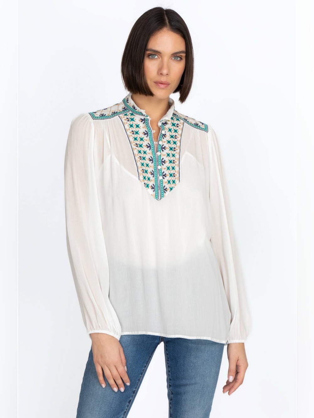 Johnny Was Paola Blouse White Rayon Embroidered Long Sleeve Shirt Small 635